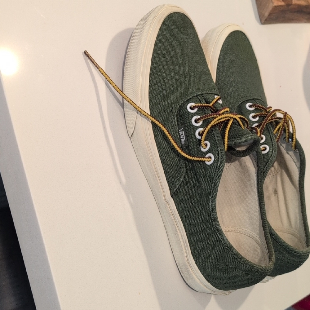 Vans Green Canvas Slip-On Sneakers with Gold Accent